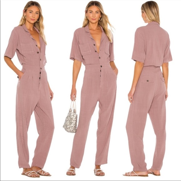 Free People Margot Button Up V Neck Relaxed Loose Fit Jumpsuit Overall - Picture 1 of 6
